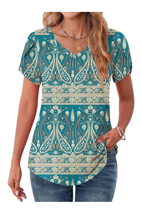 V-Neck T-shirts for Women Petal Sleeve Tunic Tops Summer Casual Womens Shirts