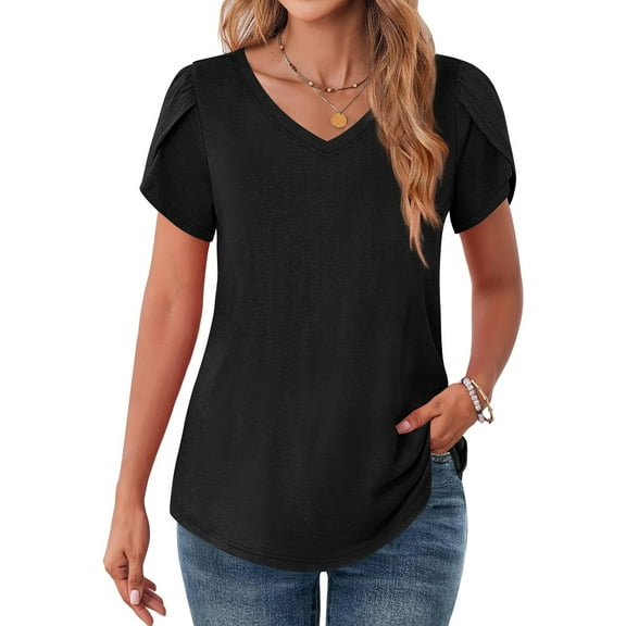 MOSHU V-Neck T-shirts for Women Petal Sleeve Tunic Tops Summer Casual Womens Shirts