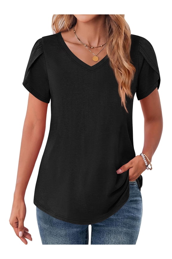 V-Neck T-shirts for Women Petal Sleeve Tunic Tops Summer Casual Womens Shirts