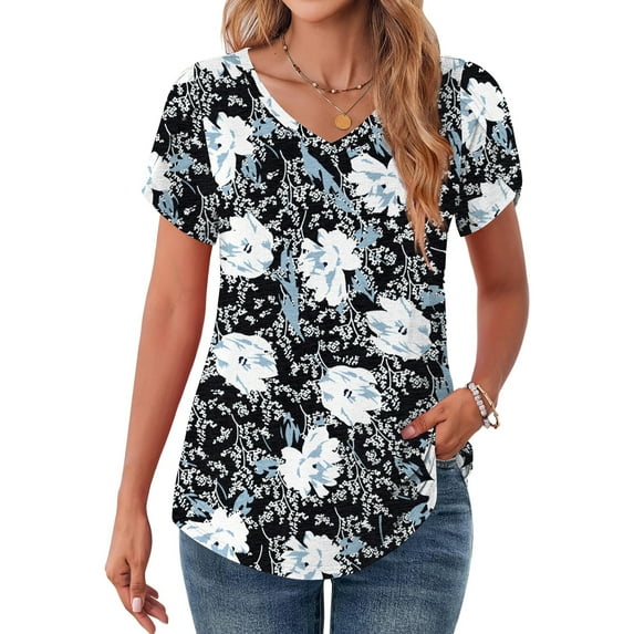 MOSHU V-Neck T-shirts for Women Petal Sleeve Tunic Tops Summer Casual Womens Shirts