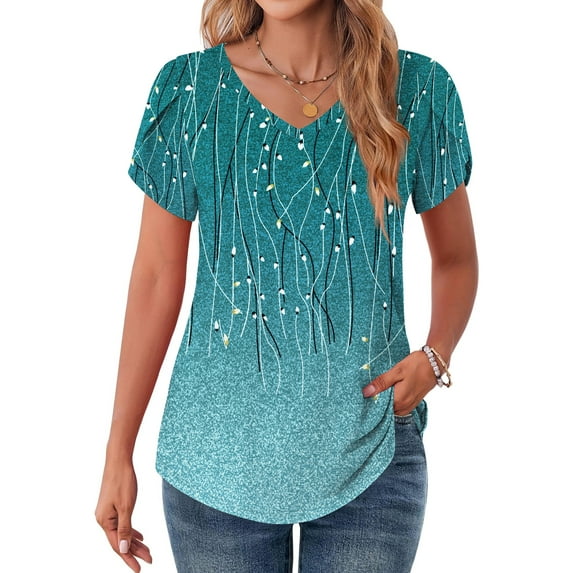 MOSHU V-Neck T-shirts for Women Petal Sleeve Tunic Tops Summer Casual Womens Shirts