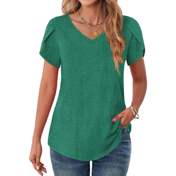 MOSHU V-Neck T-shirts for Women Petal Sleeve Tunic Tops Summer Casual Womens Shirts