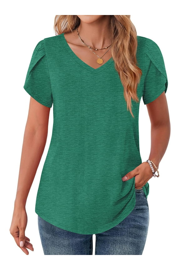 V-Neck T-shirts for Women Petal Sleeve Tunic Tops Summer Casual Womens Shirts