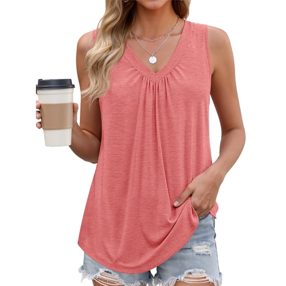 MOSHU V Neck Tank Tops for Women Flowy Pleated Sleeveless Shirts Loose Fit Women Tops Dressy Curved Hem Summer Tops