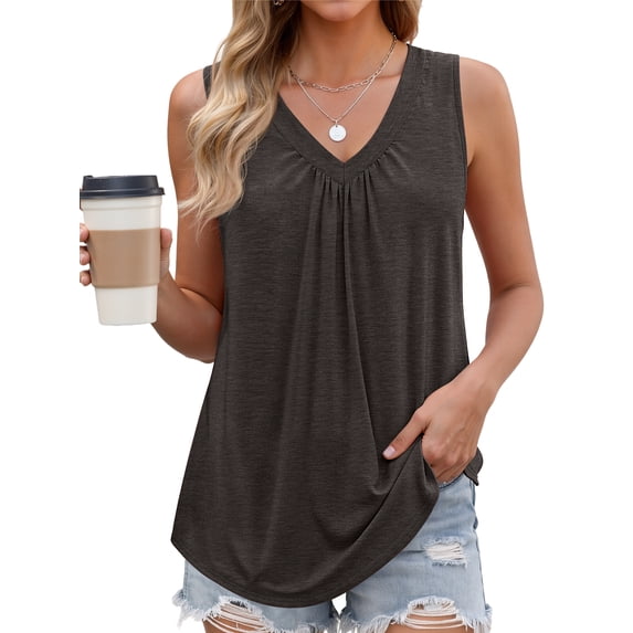 MOSHU V Neck Tank Tops for Women Flowy Pleated Sleeveless Shirts Loose Fit Women Tops Dressy Curved Hem Summer Tops