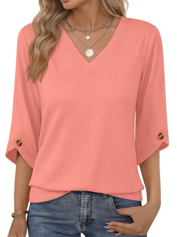 V Neck Tops for Women 3/4 Length Sleeve Women Tops Casual Dressy Women Blouses Trendy Tunic Tops