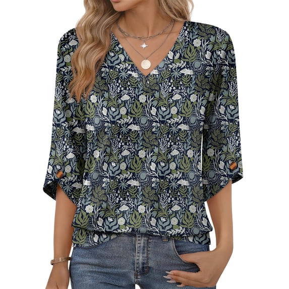 MOSHU V Neck Tops for Women 3/4 Length Sleeve Women Tops Casual Dressy Women Blouses Trendy Tunic Tops