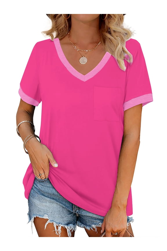 V-Neck Women T Shirts Short Sleeve Loose Summer Tops for Women with Pocket