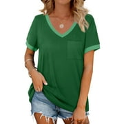 MOSHU V-Neck Women T Shirts Short Sleeve Loose Summer Tops for Women with Pocket