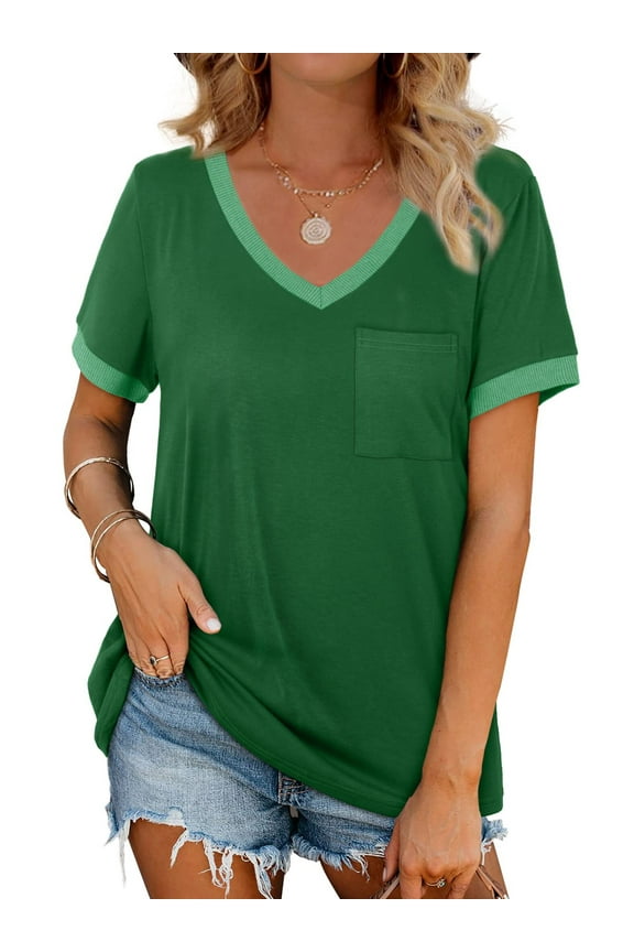 V-Neck Women T Shirts Short Sleeve Loose Summer Tops for Women with Pocket