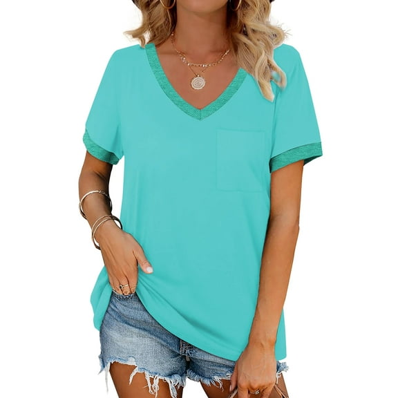 MOSHU V-Neck Women T Shirts Short Sleeve Loose Summer Tops for Women with Pocket