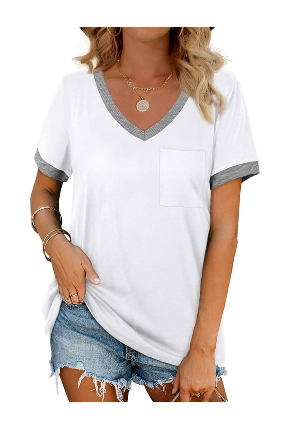 V-Neck Women T Shirts Short Sleeve Loose Summer Tops for Women with Pocket