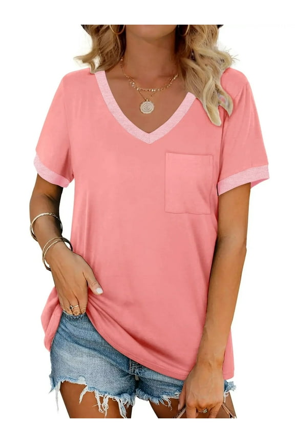 V-Neck Women T Shirts Short Sleeve Loose Summer Tops for Women with Pocket