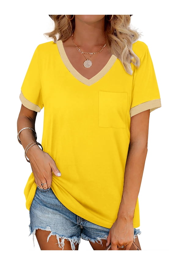 V-Neck Women T Shirts Short Sleeve Loose Summer Tops for Women with Pocket