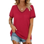 MOSHU V-Neck Women T Shirts Short Sleeve Loose Summer Tops for Women with Pocket