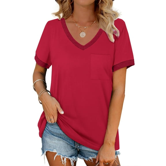 MOSHU V-Neck Women T Shirts Short Sleeve Loose Summer Tops for Women with Pocket
