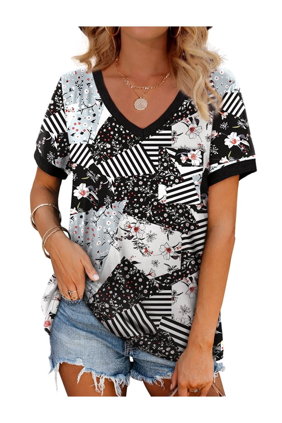 V-Neck Women T Shirts Short Sleeve Loose Summer Tops for Women with Pocket