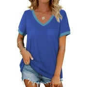 MOSHU V-Neck Women T Shirts Short Sleeve Loose Summer Tops for Women with Pocket