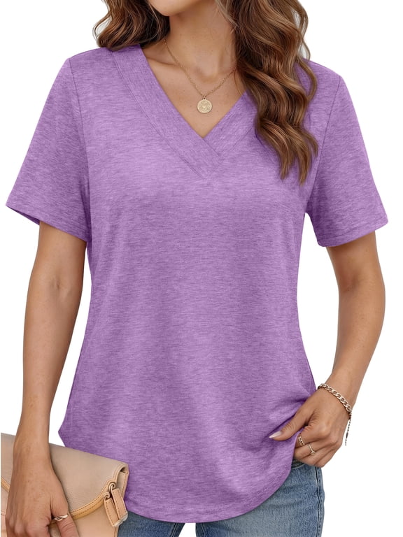 Deep V Neck Womens Tops Curved Hem Shirts for Women Fashion Trendy Blouses Casual Loose Fit Tees Tops