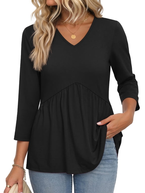 V Neck Womens Tops 3/4 Length Sleeve Tops for Women Babydoll Tunic Dressy Casual Womens Blouses