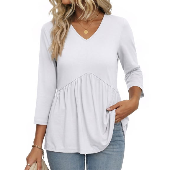 MOSHU V Neck Womens Tops 3/4 Length Sleeve Tops for Women Babydoll Tunic Dressy Casual Womens Blouses