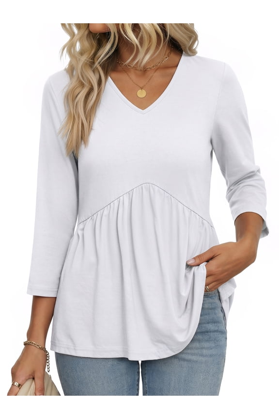 V Neck Womens Tops 3/4 Length Sleeve Tops for Women Babydoll Tunic Dressy Casual Womens Blouses