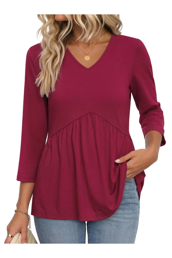 V Neck Womens Tops 3/4 Length Sleeve Tops for Women Babydoll Tunic Dressy Casual Womens Blouses