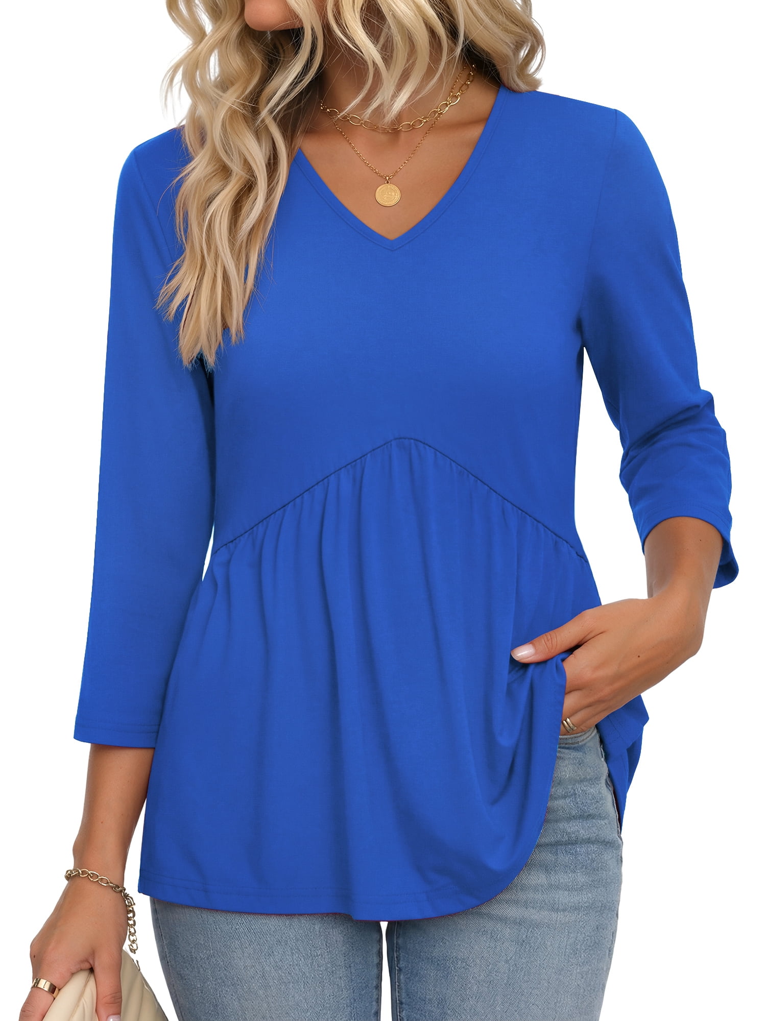 MOSHU V Neck Womens Tops 3/4 Length Sleeve Tops for Women Babydoll ...