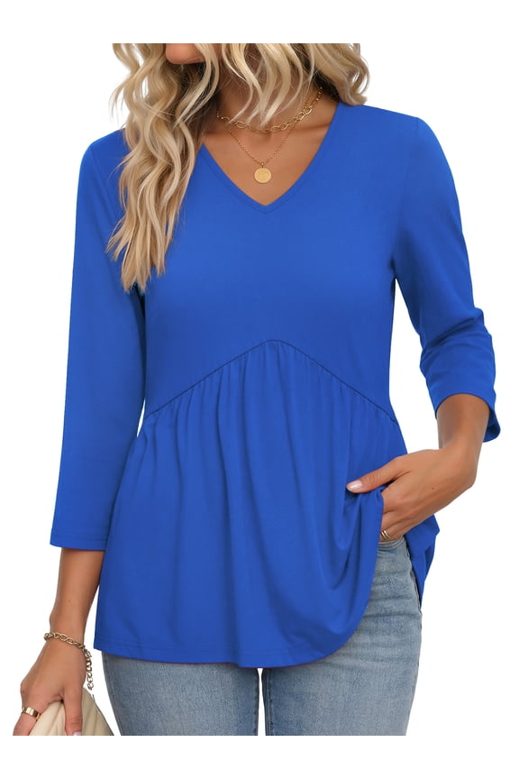 V Neck Womens Tops 3/4 Length Sleeve Tops for Women Babydoll Tunic Dressy Casual Womens Blouses