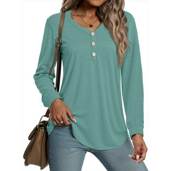 MOSHU V-neck T Shirts for Women Casual Long Sleeve Tunic Tops Curve Hem Fall Button Shirts