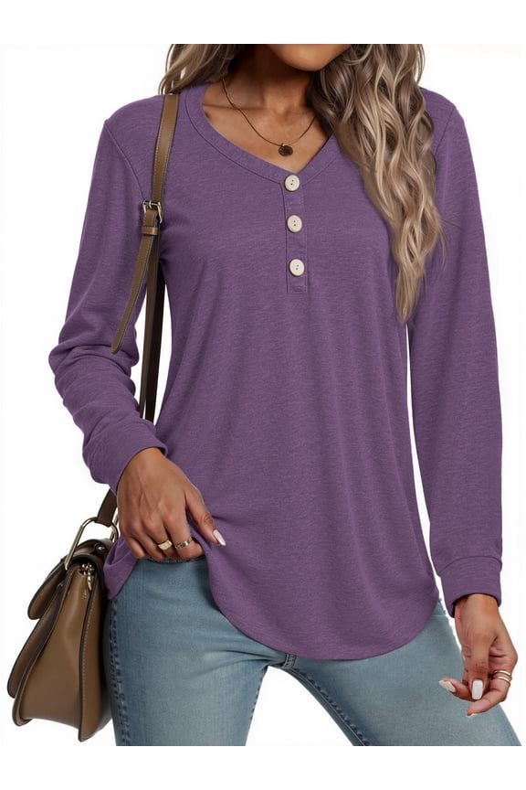 V-neck T Shirts for Women Casual Long Sleeve Tunic Tops Curve Hem Fall Button Shirts