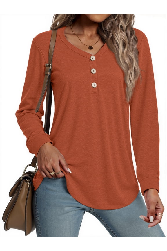 V-neck T Shirts for Women Casual Long Sleeve Tunic Tops Curve Hem Fall Button Shirts