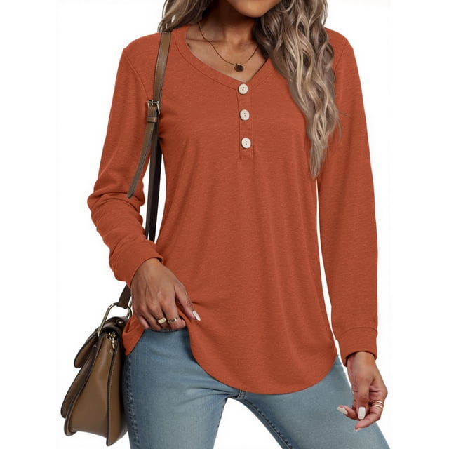 MOSHU V-neck T Shirts for Women Casual Long Sleeve Tunic Tops Curve Hem Fall Button Shirts