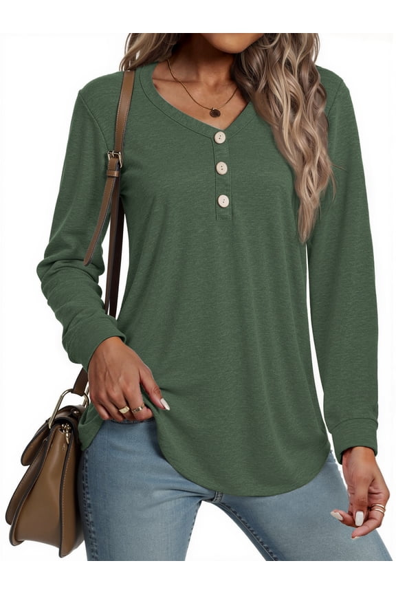 V-neck T Shirts for Women Casual Long Sleeve Tunic Tops Curve Hem Fall Button Shirts
