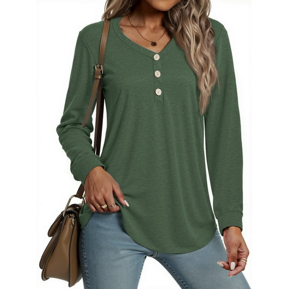 MOSHU V-neck T Shirts for Women Casual Long Sleeve Tunic Tops Curve Hem Fall Button Shirts