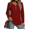 thumbnail image 1 of MOSHU V-neck T Shirts for Women Casual Long Sleeve Tunic Tops Curve Hem Fall Button Shirts, 1 of 8