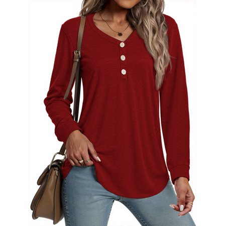MOSHU V-neck T Shirts for Women Casual Long Sleeve Tunic Tops Curve Hem Fall Button Shirts