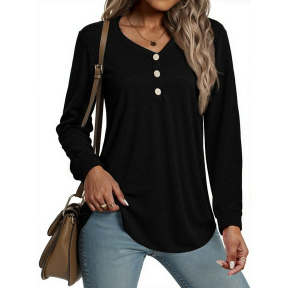 MOSHU V-neck T Shirts for Women Casual Long Sleeve Tunic Tops Curve Hem Fall Button Shirts