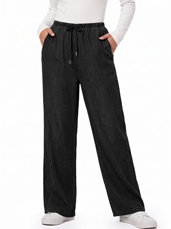 Plus Size Wide Leg Jeans for Women Elastic Waisted Denim Pants Straight Casual Womens Jean with Side Pockets
