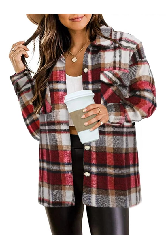 Womens Flannel Shirts Button Down Shacket Jacket Plaid Shirts for Women Blouses Coats