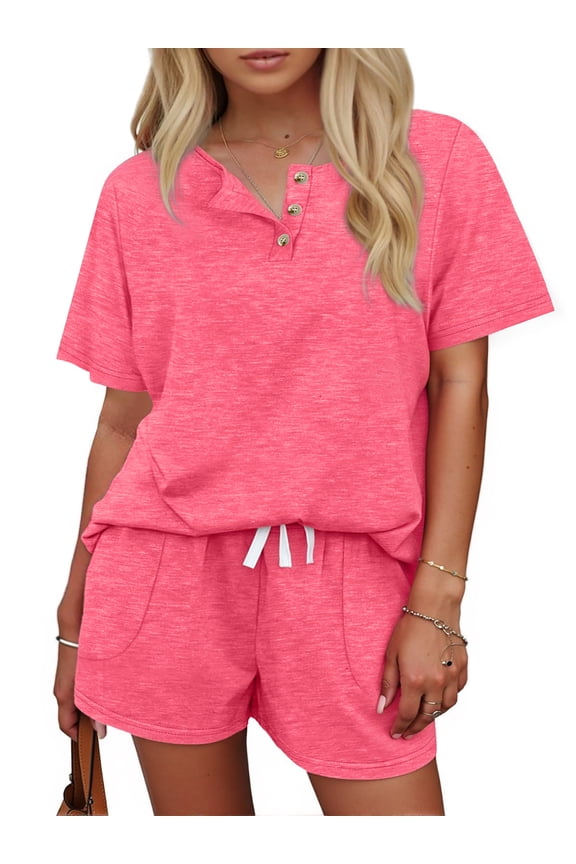 Womens Pajamas Sets Button Down Tops and Drawstring Shorts With Pockets Two Piece Lounge Sets Oufits