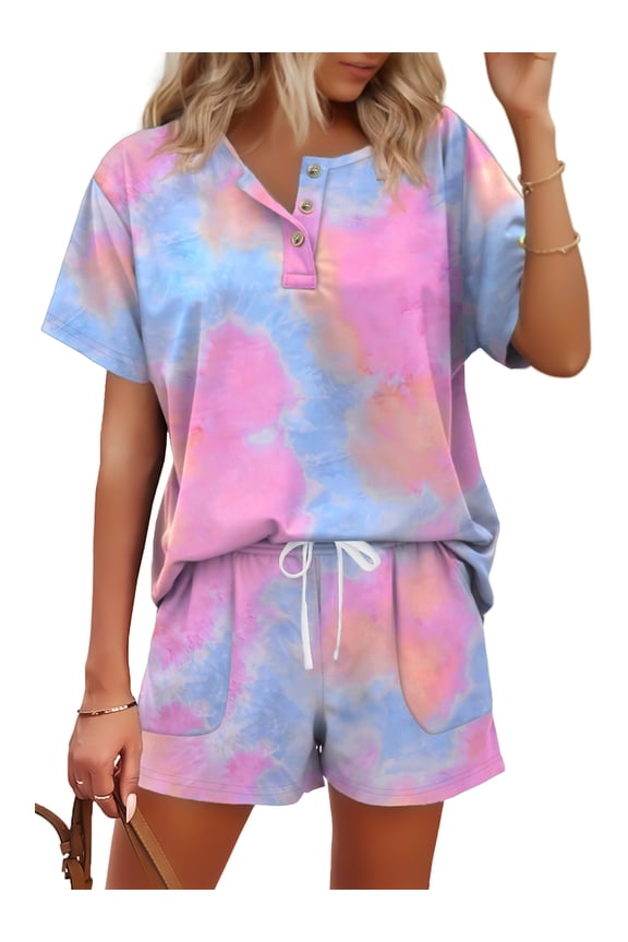 Womens Pajamas Sets Button Down Tops and Drawstring Shorts With Pockets Two Piece Lounge Sets Oufits