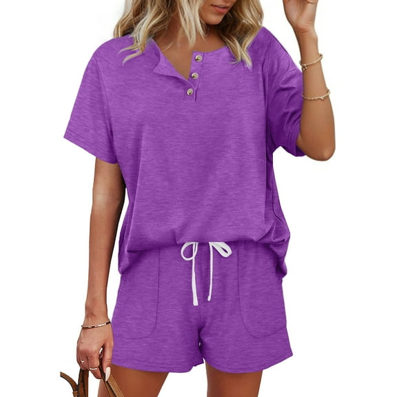 MOSHU Womens Pajamas Sets Button Down Tops and Drawstring Shorts With Pockets Two Piece Lounge Sets Oufits