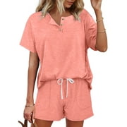 MOSHU Womens Pajamas Sets Button Down Tops and Drawstring Shorts With Pockets Two Piece Lounge Sets Oufits