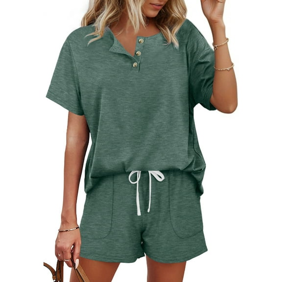 MOSHU Womens Pajamas Sets Button Down Tops and Drawstring Shorts With Pockets Two Piece Lounge Sets Oufits