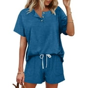 MOSHU Womens Pajamas Sets Button Down Tops and Drawstring Shorts With Pockets Two Piece Lounge Sets Oufits