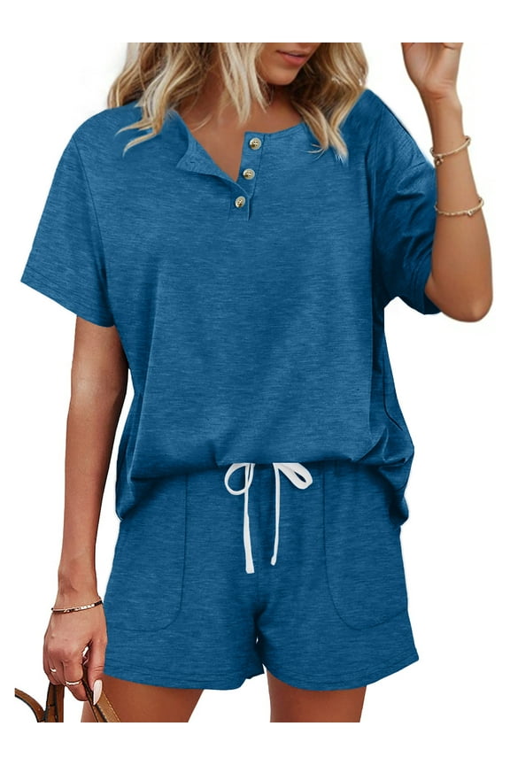 Womens Pajamas Sets Button Down Tops and Drawstring Shorts With Pockets Two Piece Lounge Sets Oufits