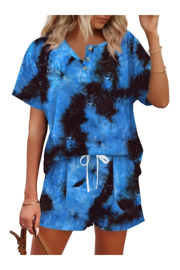 Womens Pajamas Sets Button Down Tops and Drawstring Shorts With Pockets Two Piece Lounge Sets Oufits