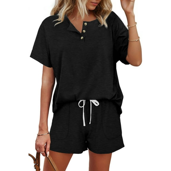 MOSHU Womens Pajamas Sets Button Down Tops and Drawstring Shorts With Pockets Two Piece Lounge Sets Oufits