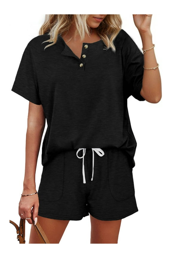 Womens Pajamas Sets Button Down Tops and Drawstring Shorts With Pockets Two Piece Lounge Sets Oufits